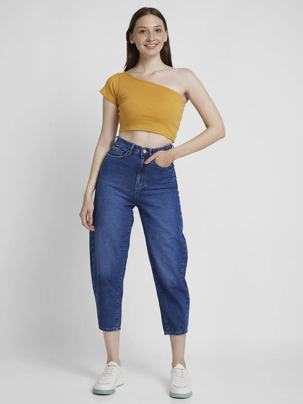 Spykar Women Mid Blue Cotton Baggy Fit Crop Length Clean Look Jeans -(Clara)