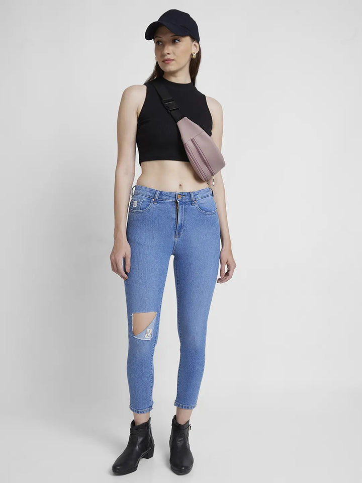 Spykar Women Light Blue Lycra Mom Fit Ankle Length Knee Slit Jeans -(Amora)