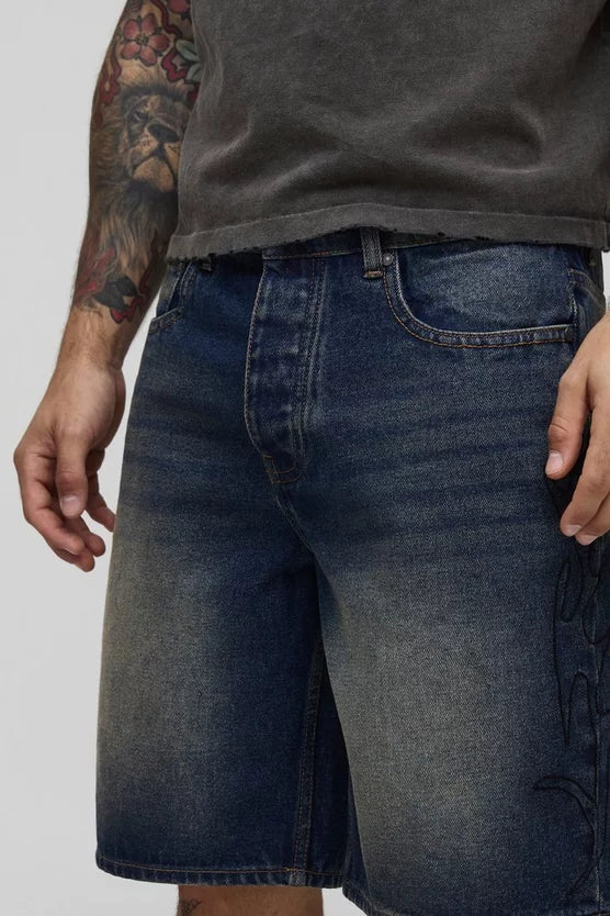 Relaxed Rigid Tribal Embroidered Denim Shorts