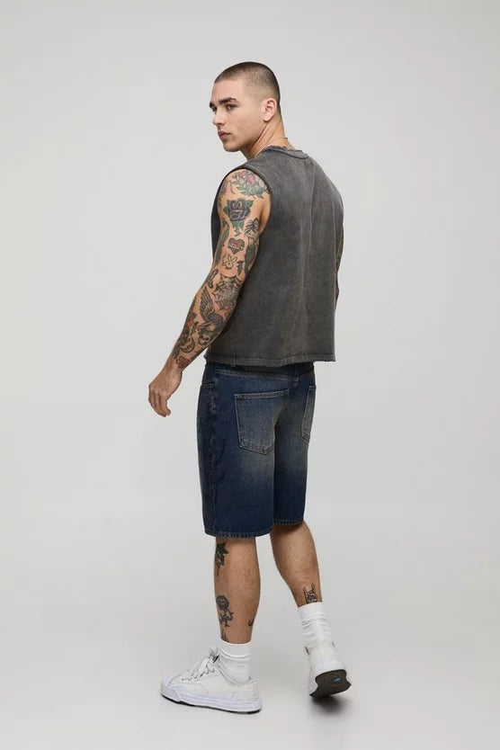 Relaxed Rigid Tribal Embroidered Denim Shorts
