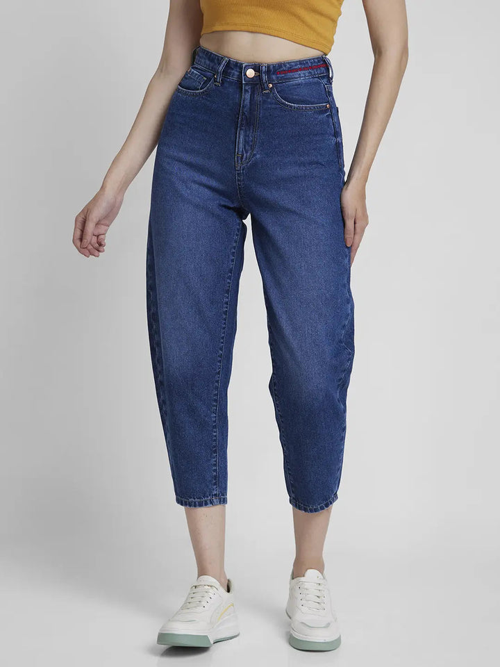 Spykar Women Mid Blue Cotton Baggy Fit Crop Length Clean Look Jeans -(Clara)