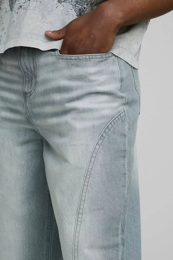 Baggy Ice Grey Washed Paneled Jeans