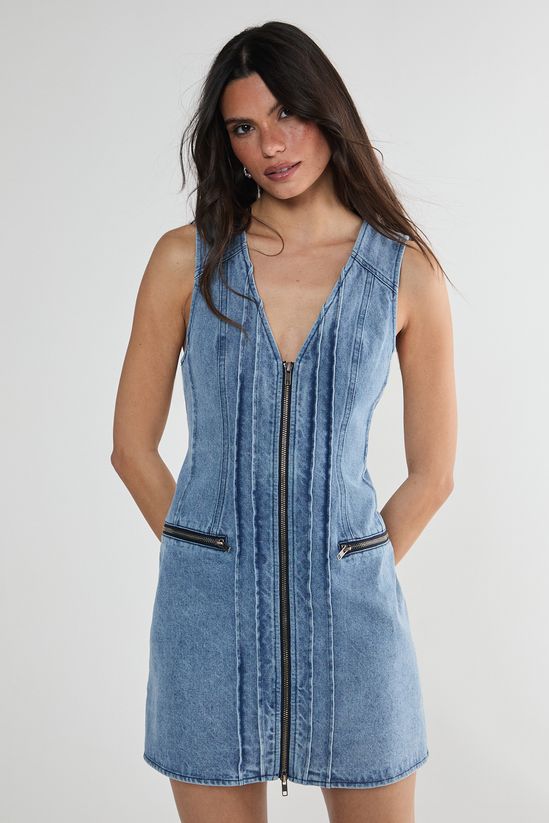 NastyGal Denim Seam Detail Zip Through Mini Dress