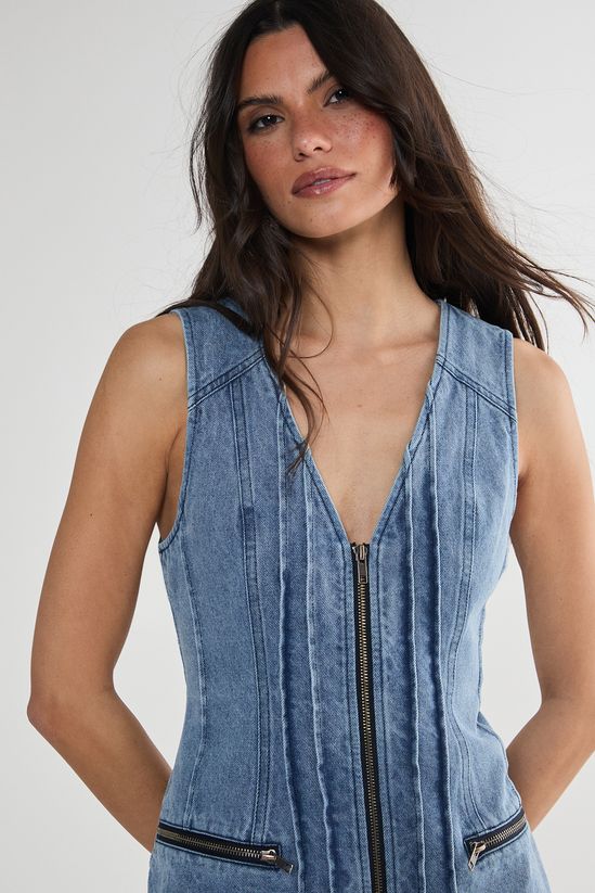 NastyGal Denim Seam Detail Zip Through Mini Dress