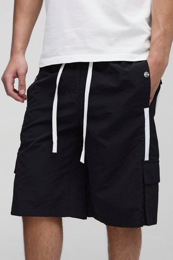 Elasticated Baggy Long Length Nylon Cargo Shorts