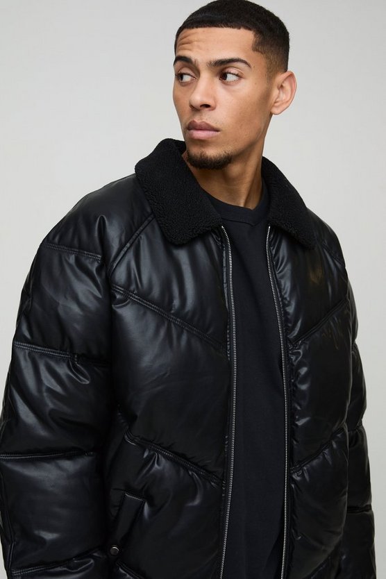 Oversized Borg Collar PU Puffer Jacket
