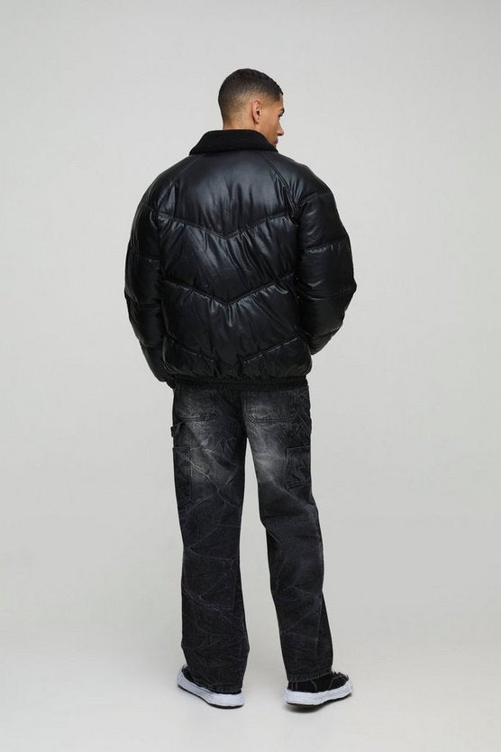 Oversized Borg Collar PU Puffer Jacket