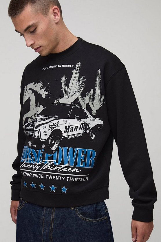 Black Oversized Boxy Extended Neck Horse Printed Sweatshirt