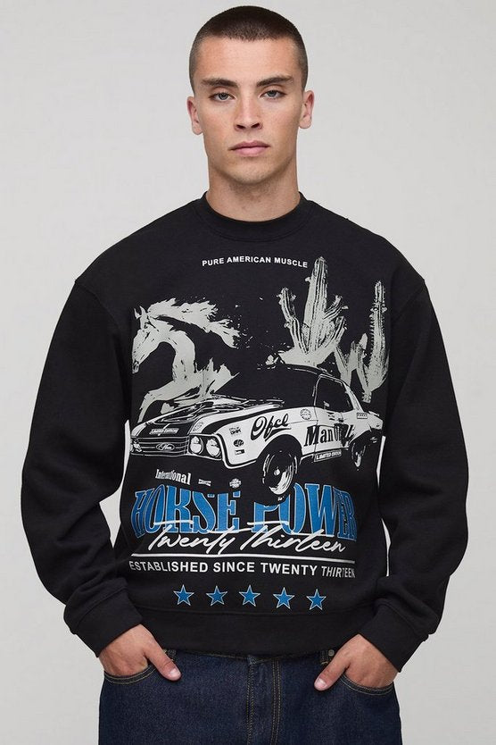 Black Oversized Boxy Extended Neck Horse Printed Sweatshirt