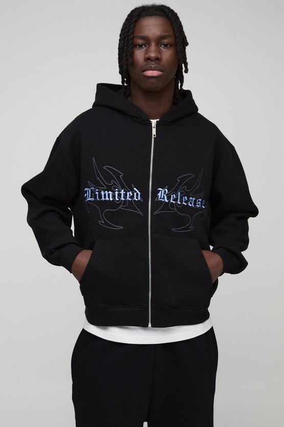 Oversized Boxy Gothic Print Curve Seam Zip Through Hoodie