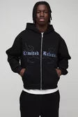 Oversized Boxy Gothic Print Curve Seam Zip Through Hoodie