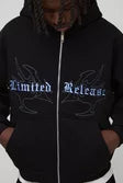 Oversized Boxy Gothic Print Curve Seam Zip Through Hoodie