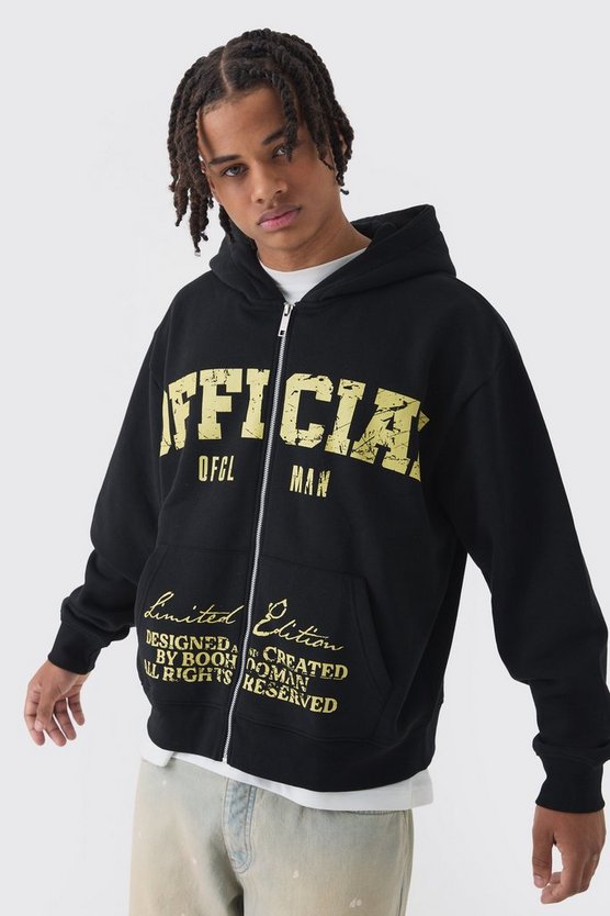 Oversized Boxy Offcl Print Zip Through Hoodie