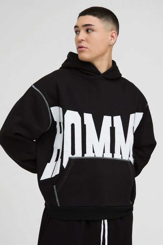 Oversized Boxy Twill Applique Contrast Stitch Hoodie