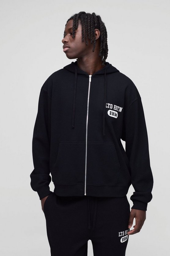 Oversized Boxy Waffle Print Zip Through Hoodie
