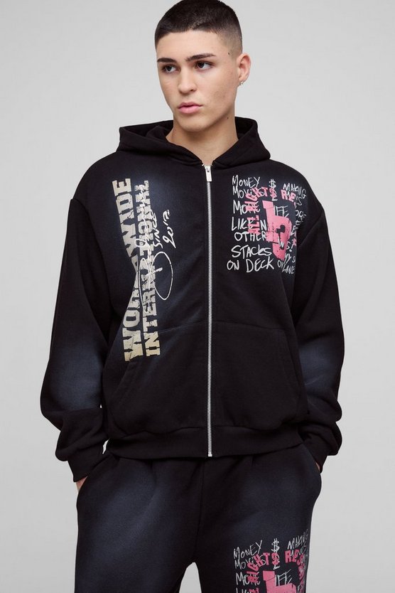 Oversized Boxy Worldwide Spray Wash Zip Through Hoodie