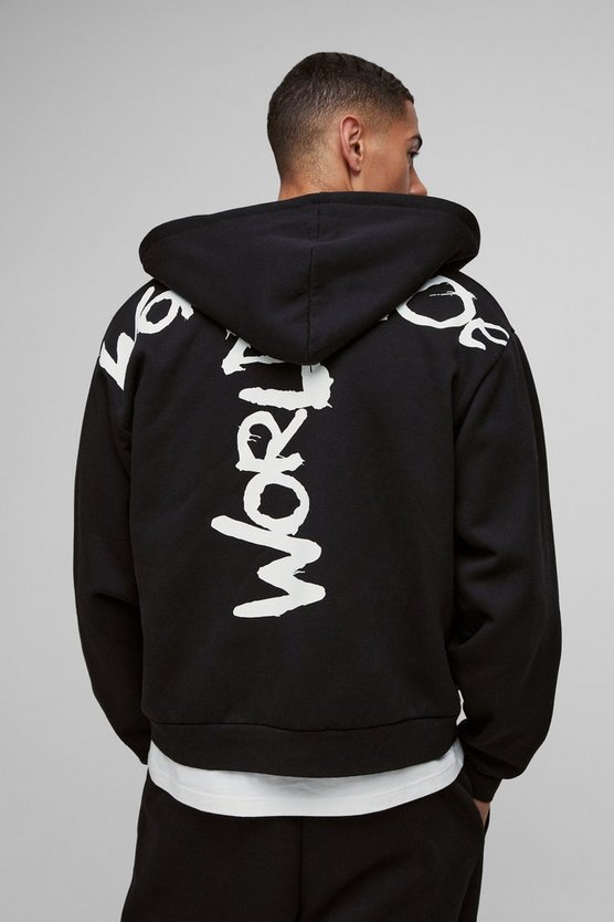 Oversized Boxy Zip Through Worldwide Graffiti Print Zip Through Hoodie