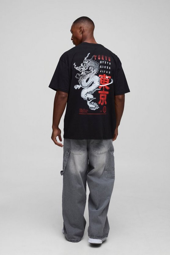 Black Oversized Tokyo Dragon Printed T-Shirt