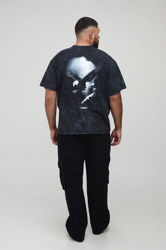 Plus Oversized Man Acid Wash Eagle T-Shirt