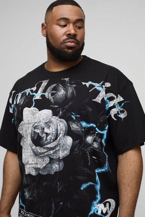 Plus Oversized Worldwide Floral Over The Seam Print T-Shirt