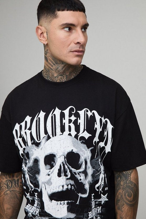 Tall Oversized Brooklyn Skull Print Print T-Shirt
