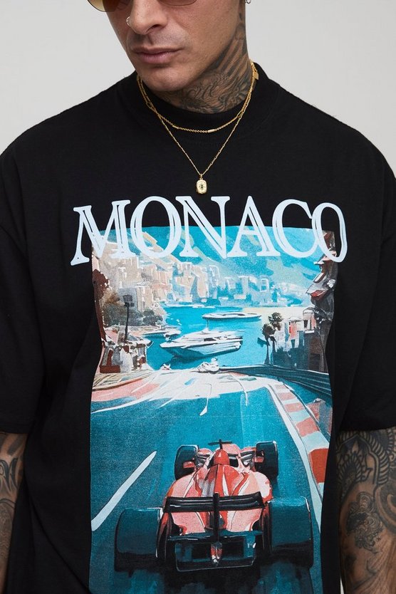 Tall Oversized Extended Neck Monaco Racing Print T-Shirt