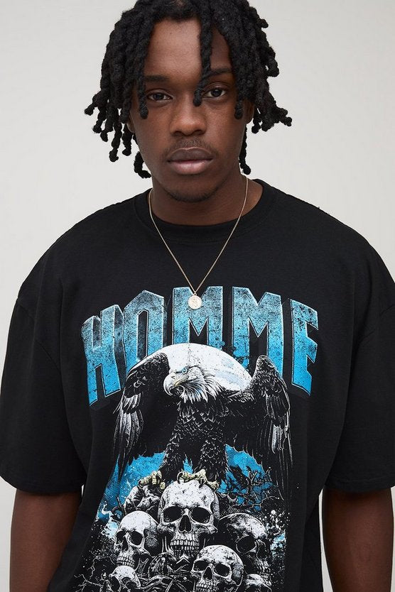 Tall Oversized Homme Gothic Skulls Print T-Shirt