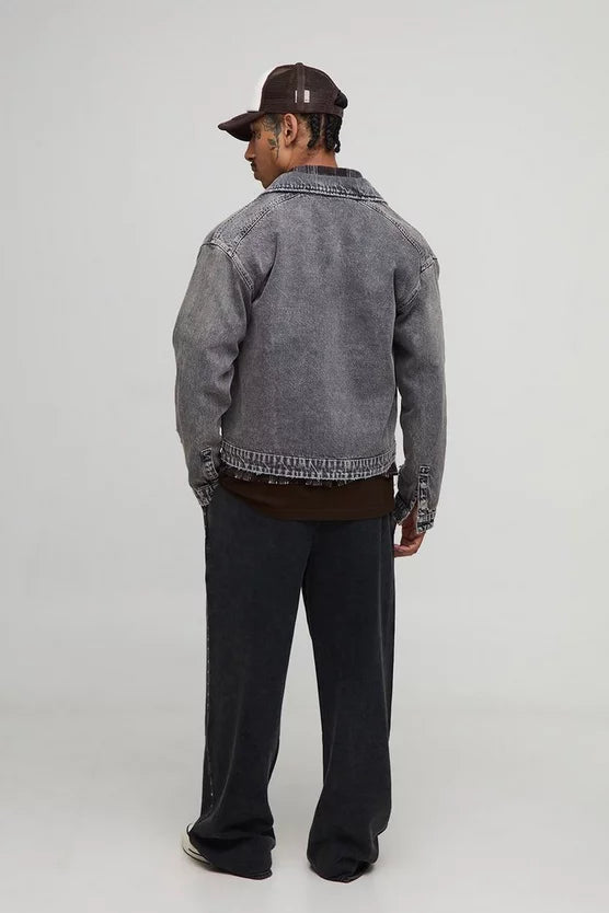Boxy Embroidered Oil Wash Denim Harrington Jacket