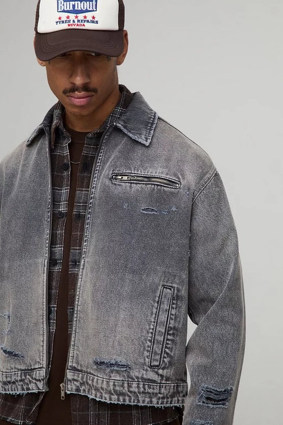 Boxy Embroidered Oil Wash Denim Harrington Jacket
