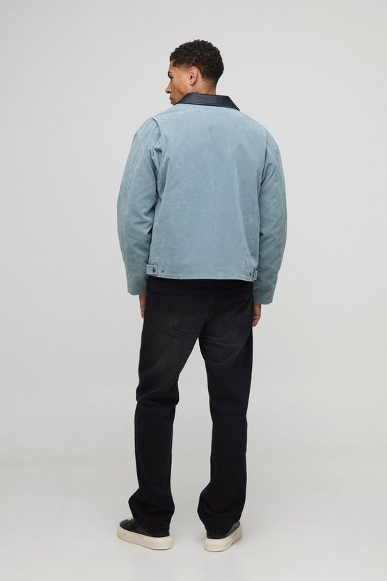 Oversized Boxy Contrast Collar Faux Suede Harrington Jacket