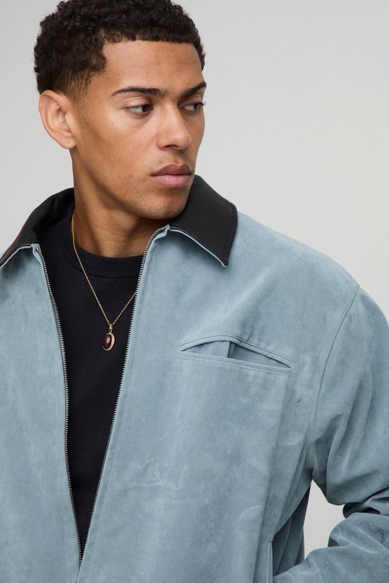Oversized Boxy Contrast Collar Faux Suede Harrington Jacket