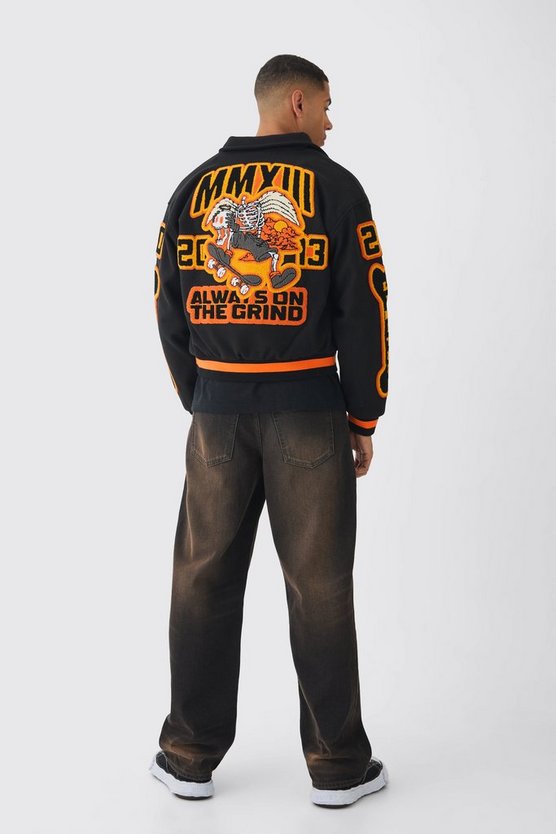 Boxy Badge Collared Varsity Jacket In Black