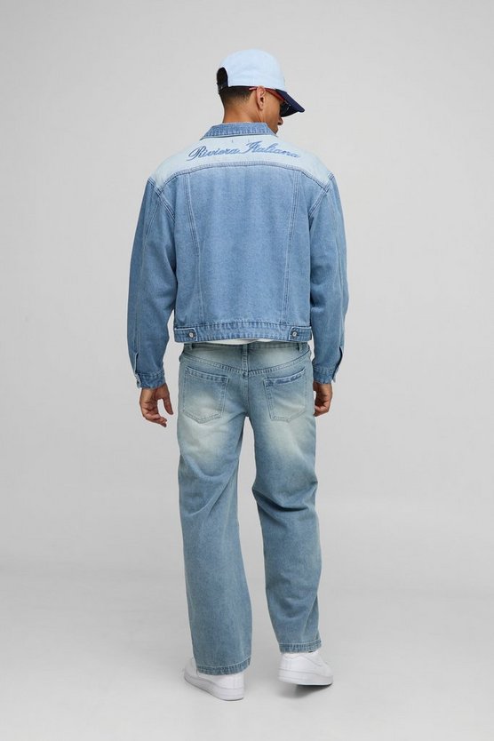 Boxy Fit Ice Blue Washed Embroidered Denim Jacket