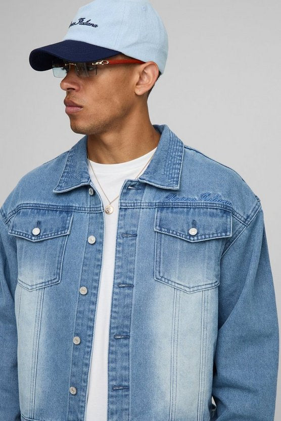 Boxy Fit Ice Blue Washed Embroidered Denim Jacket