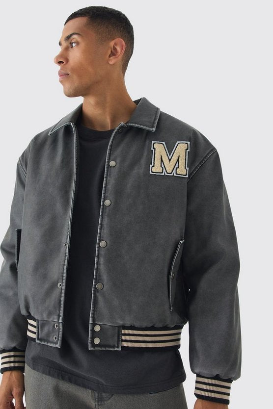 Boxy Washed Pu Varsity Jacket In Grey