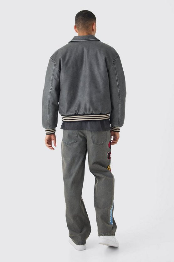 Boxy Washed Pu Varsity Jacket In Grey