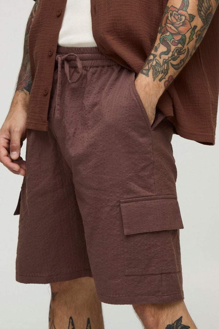 Relaxed Elasticated Waist Seersucker Cargo Short