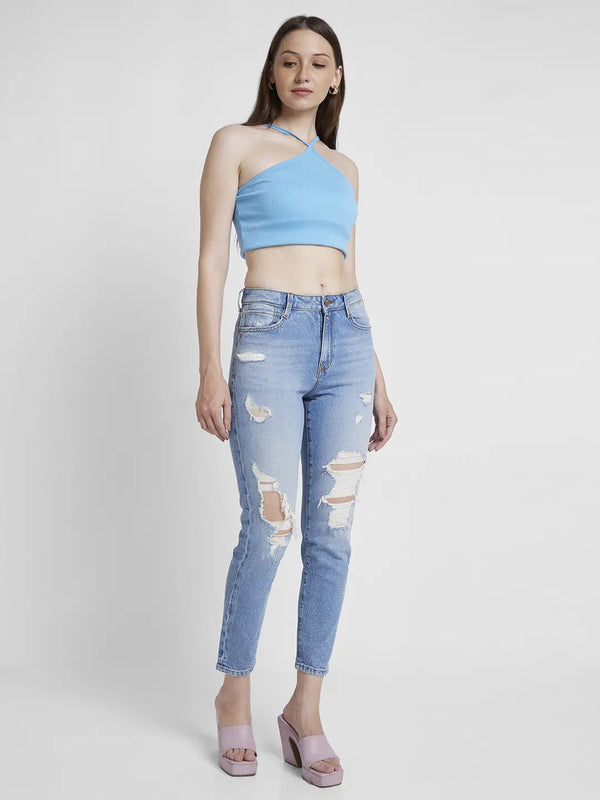 Spykar Women Light Blue Cotton Mom Fit Ankle Length Mild Distressed Jeans -(Amora)