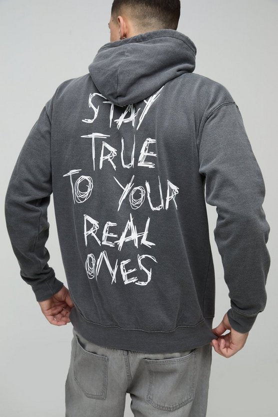 Regular Fit Washed Stay True Text Graphic Hoodie