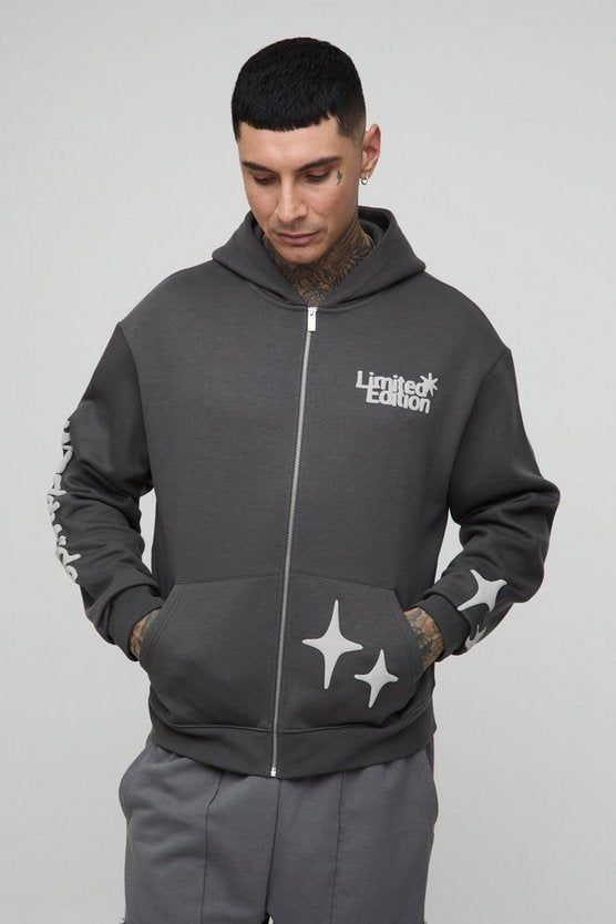 Tall Oversized Boxy Worldwide Puff Print Zip Through Hoodie
