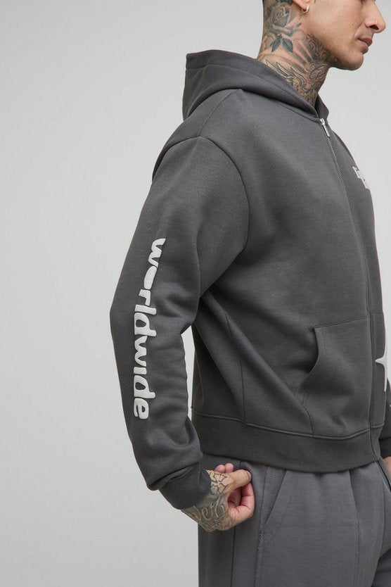 Tall Oversized Boxy Worldwide Puff Print Zip Through Hoodie
