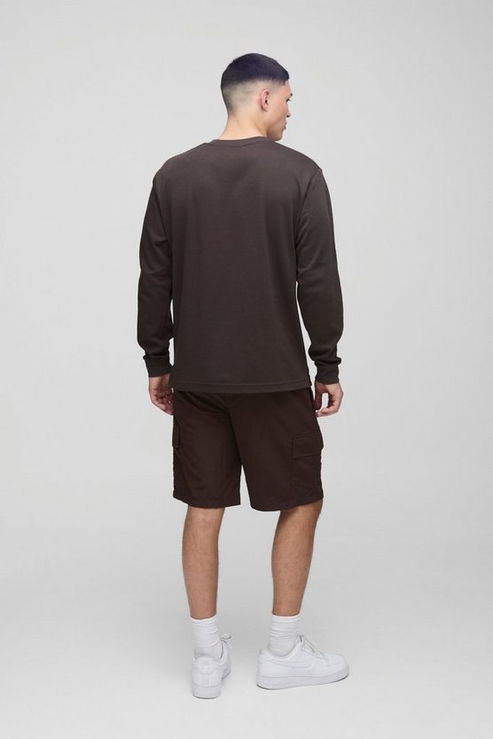 Elasticated Waist Relaxed Mid Length Crinkle Nylon Cargo Shorts