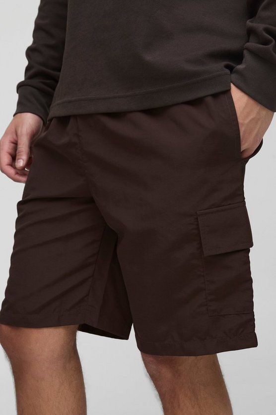 Elasticated Waist Relaxed Mid Length Crinkle Nylon Cargo Shorts