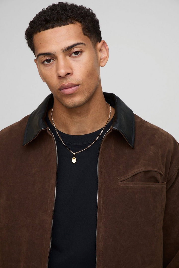 Oversized Boxy Contrast Collar Faux Suede Harrington Jacket