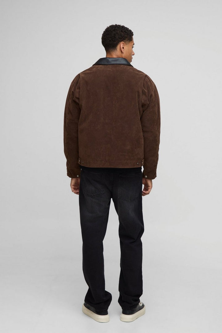 Oversized Boxy Contrast Collar Faux Suede Harrington Jacket