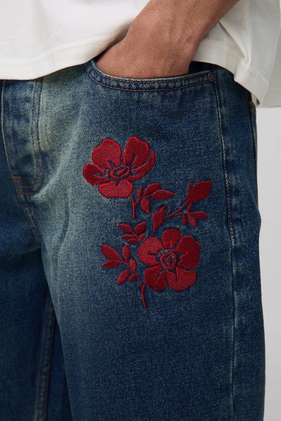 Relaxed Rigid Floral Embroidered Denim Shorts