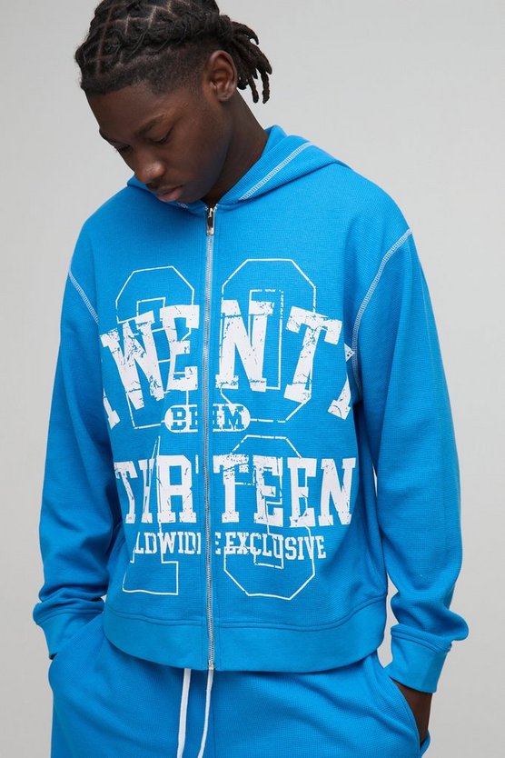 Oversized Boxy Waffle Varsity Zip Through Hoodie