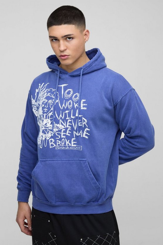 Regular Fit Washed Too Woke Text Graphic Hoodie