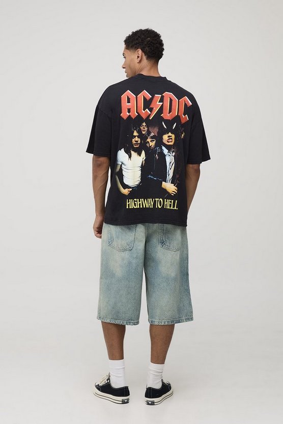 Black Oversized AC/DC Acid Wash License Printed T-Shirt