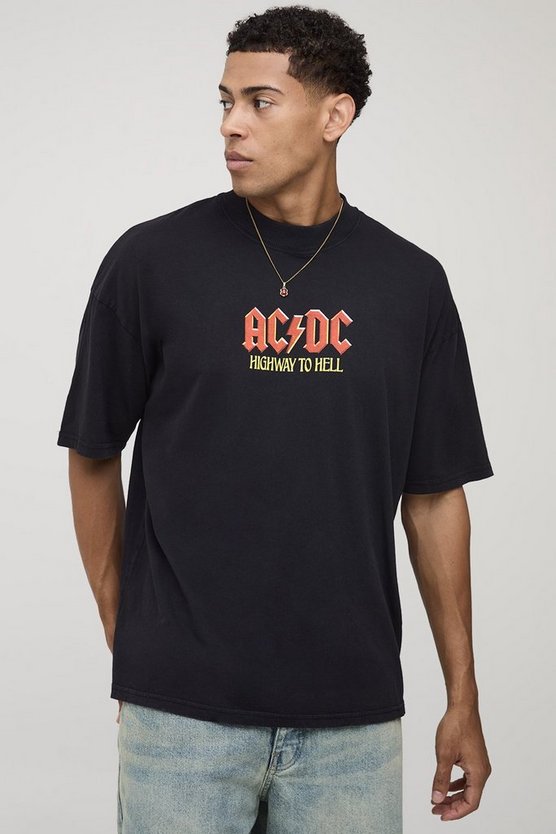 Black Oversized AC/DC Acid Wash License Printed T-Shirt